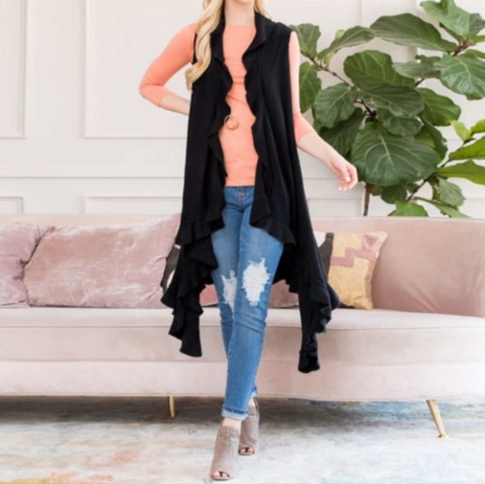 Anna & Ava (One Size) Black Ruffle Trim Open Cardigan (NEW)
